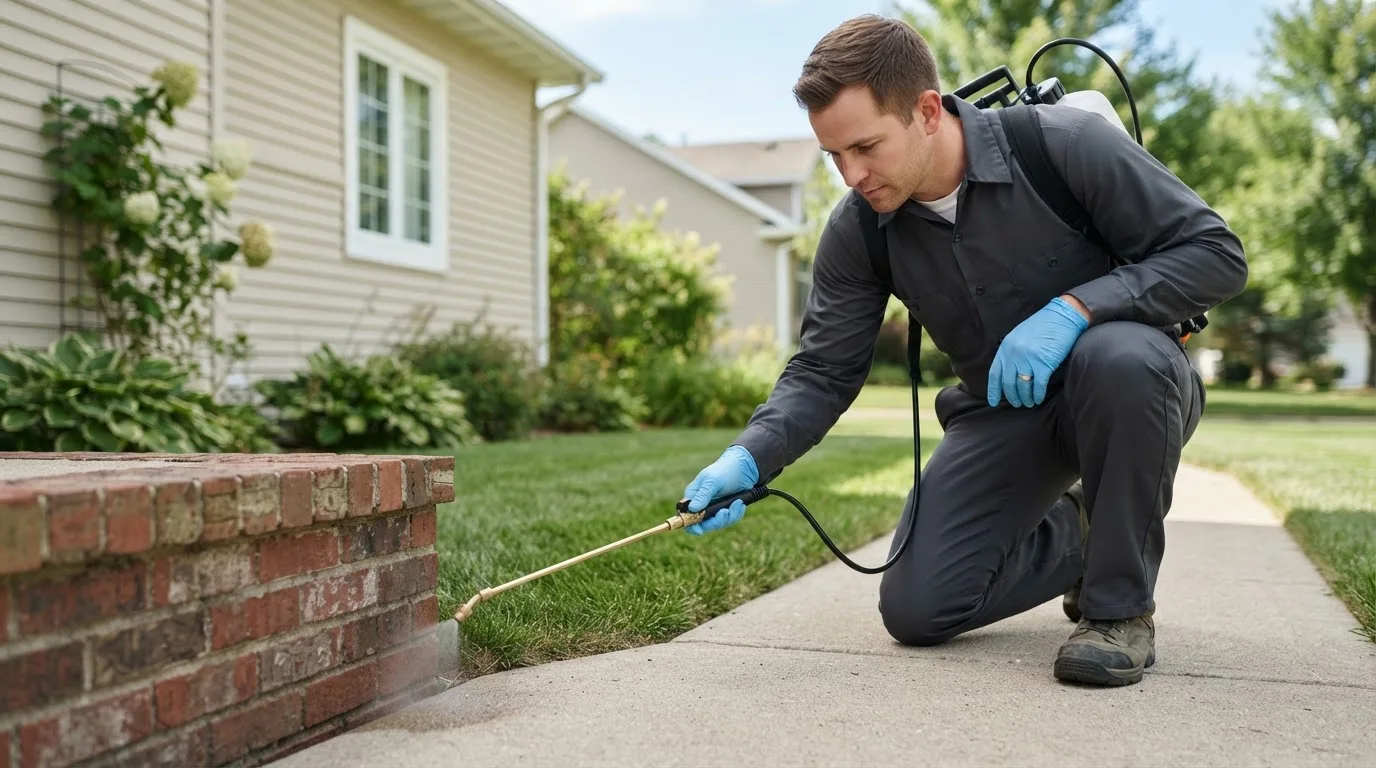 Pest control technician treating a home near Cleveland, VA